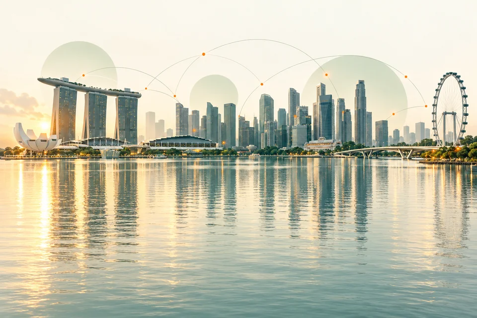 Illustration of the Singapore skyline with abstract communication connections