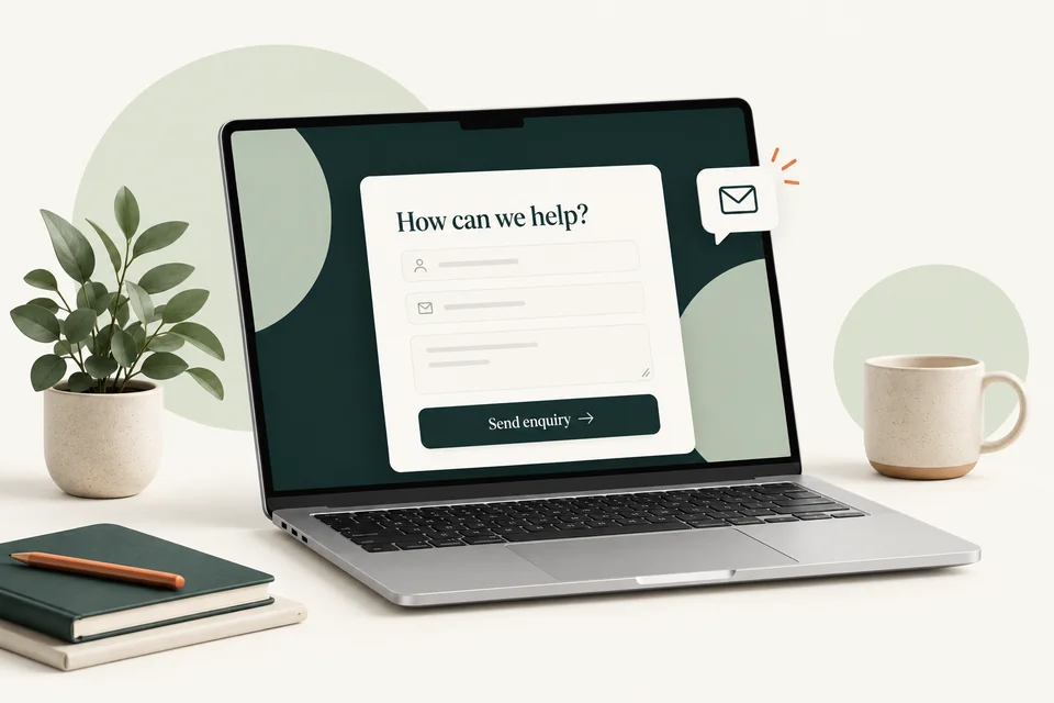 Illustrative laptop showing a business enquiry form and an envelope