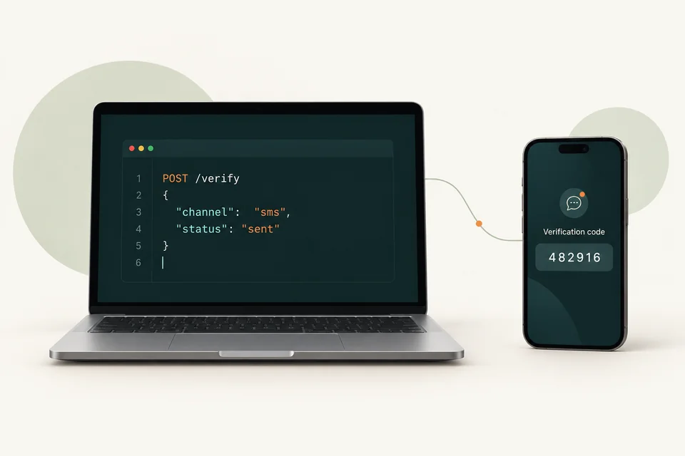 Illustrative laptop with an API request connected to a phone receiving a verification code
