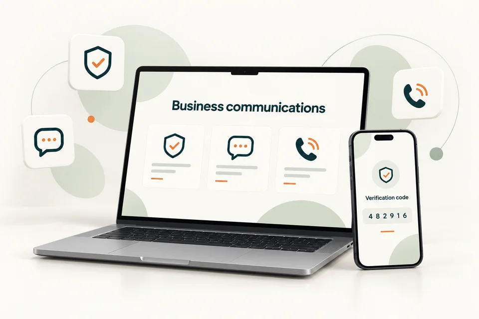 Illustrative laptop and smartphone representing authentication, messaging and business voice services