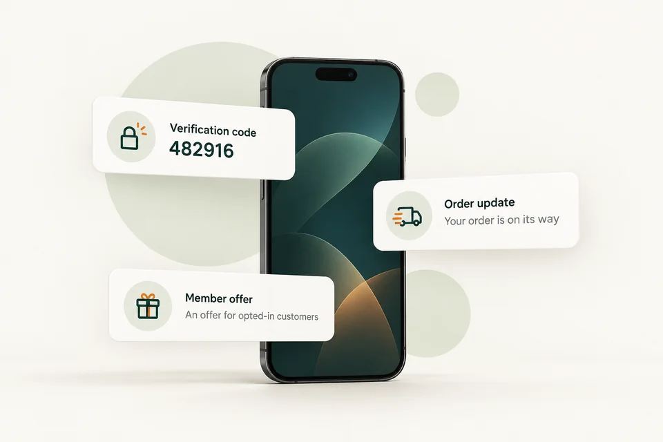 Illustrative phone with verification, order update and opted-in marketing messages