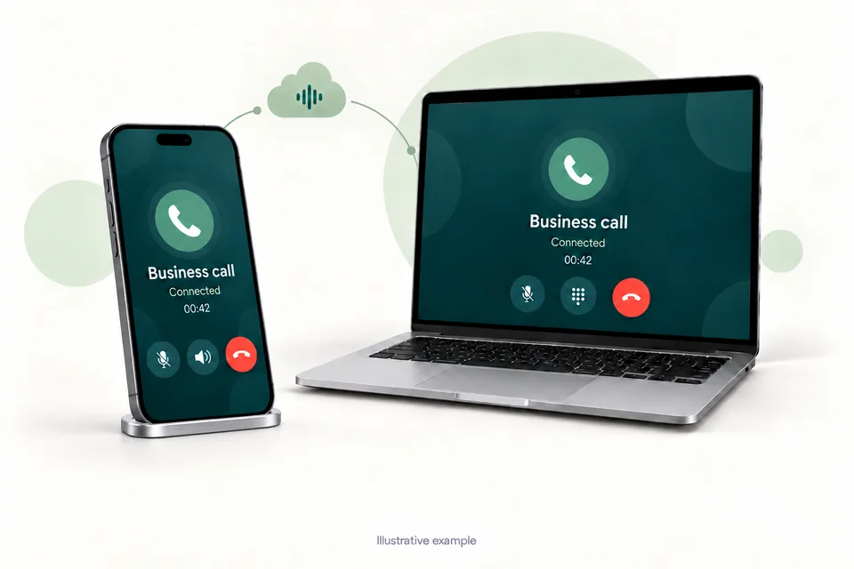 Illustrative iPhone beside a laptop showing a connected SIP voice call