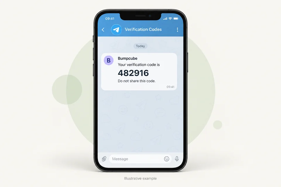 Illustrative smartphone displaying a Telegram-style verification message with example code 482916