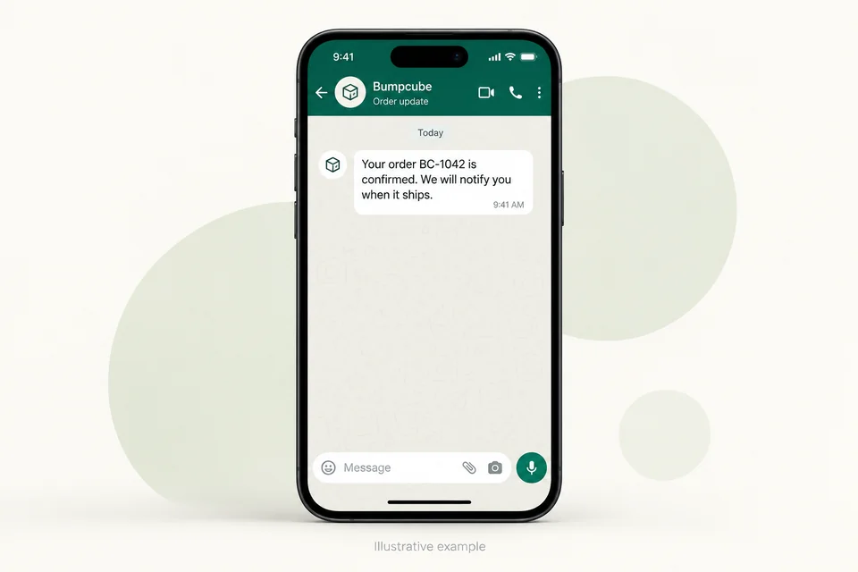 Illustrative WhatsApp-style order confirmation received on a smartphone