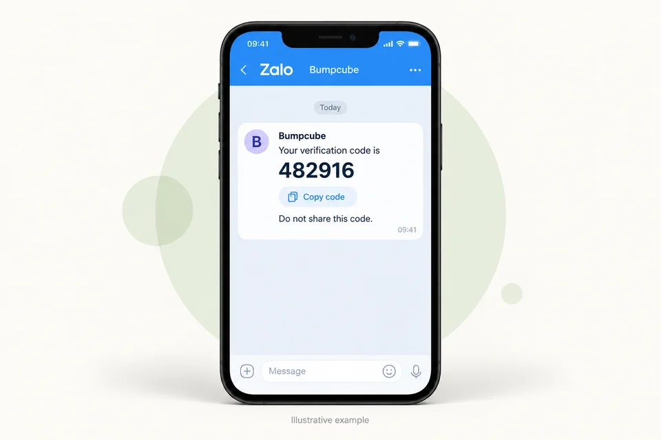 Illustrative smartphone displaying a Zalo-style verification message with example code 482916